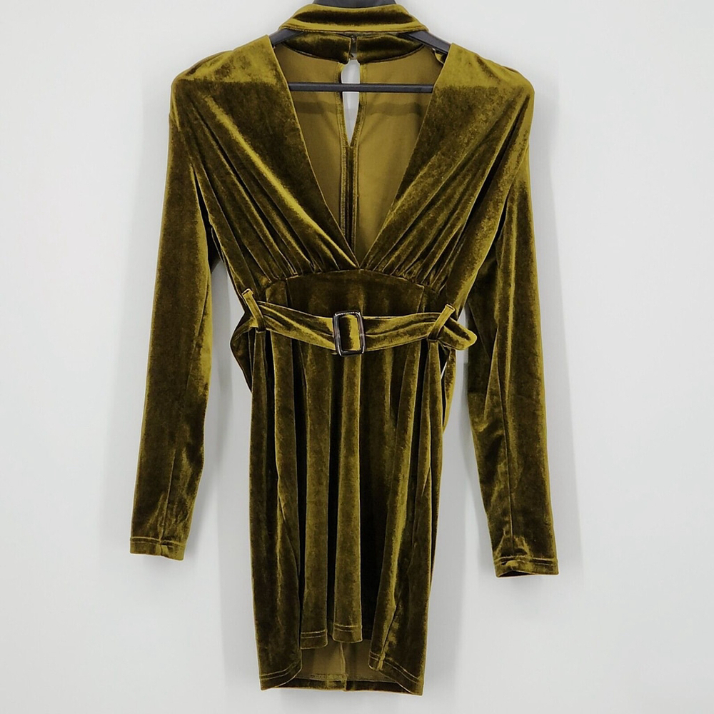 Olive Green Velvet Dress Keyhole Neckline Long Sleeves Belted Waist Sz M Elegant